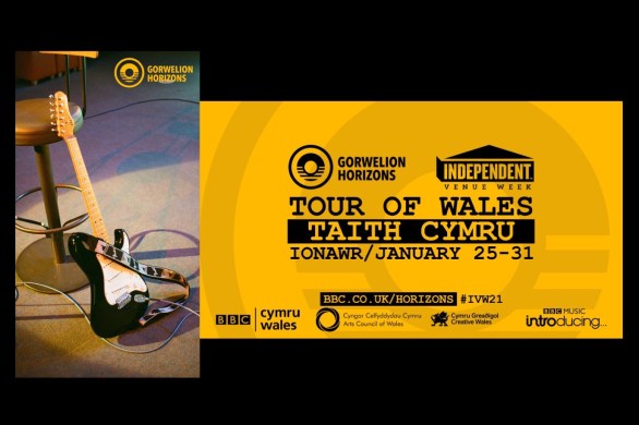 An electric guitar leaning against a stool plus details for the Tour of Wales (Taith Cymru) streaming events for Independent Venue Week
