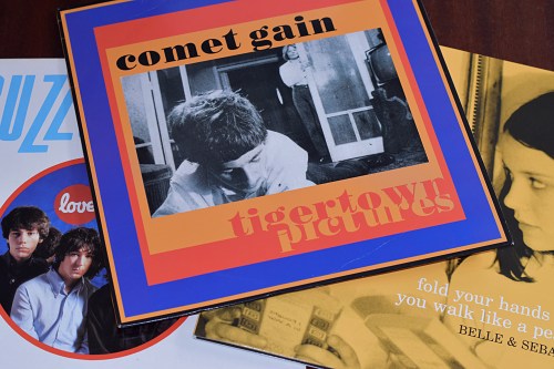3 album sleeves - Tigertown Pictures by Comet Gain, Love Bites by Buzzcocks and Fold Your Hands Clhild You Walk Like A Peasant by Belle & Sebastian