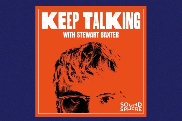 Artwork for the Keep Talking podcast, orange background with an avatar picture in black of presenter Stewart Baxter