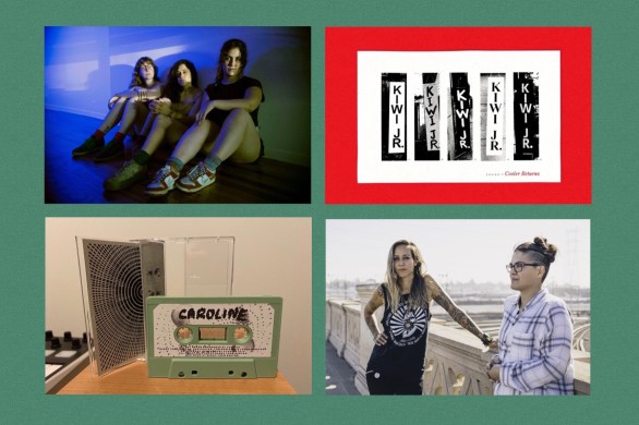 Montage of 4 pictures - band shot of Palberta sitting on the floor, album cover for Kiwi Jr (band name in black and white lettering), cassette version of Cowgirl single and band shot of Tarah Who leaning on railings